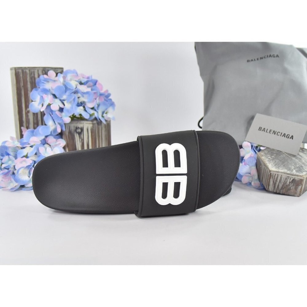Balenciaga BB Black Rubber Wedge Slide Sandals Size 38 NIB - Picture 4 of 10